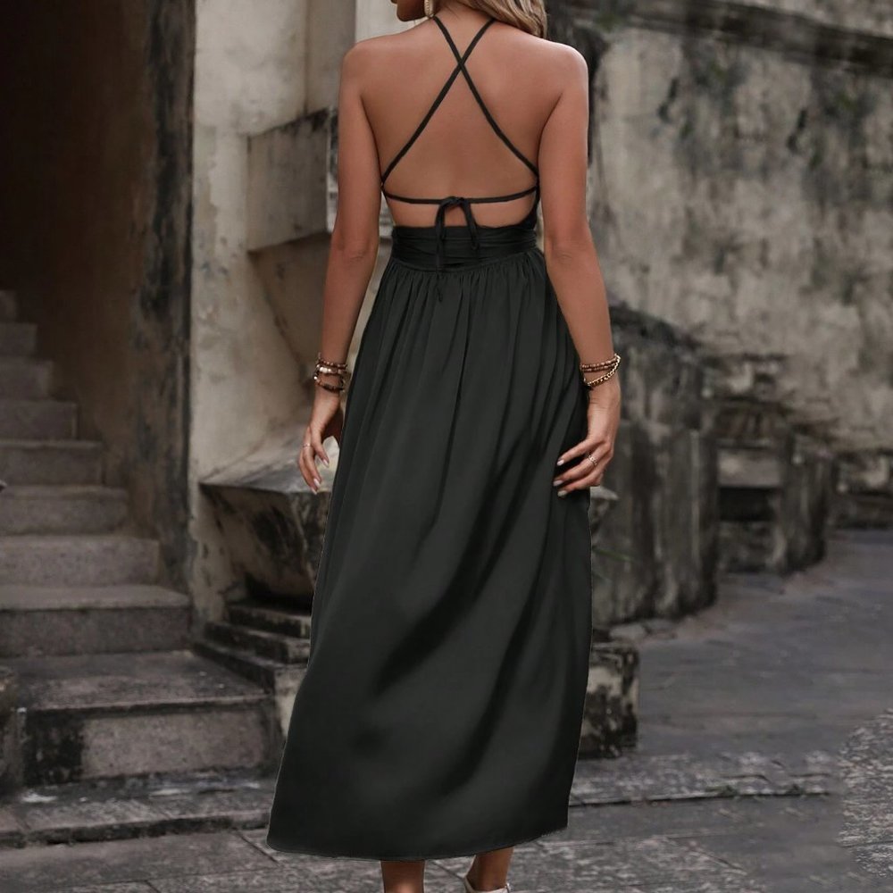 Cut Out Tie Backless Wrap Hem Satin Halter Dress black - Picture 3 of 5